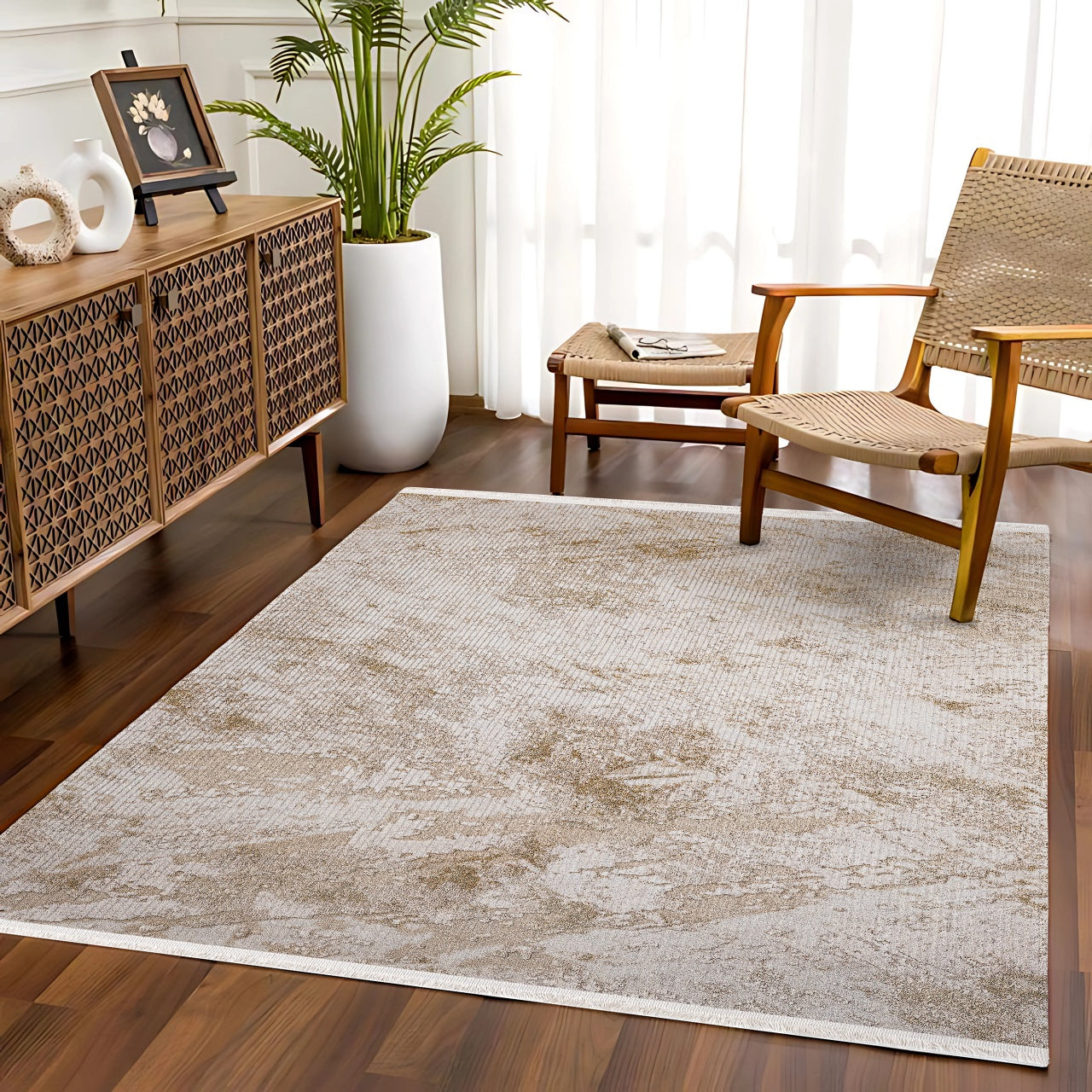 Bej Krem Dokulu Mermer Desenli Halı - Yıkanabilir - Kaymaz Taban - Pati Dostu