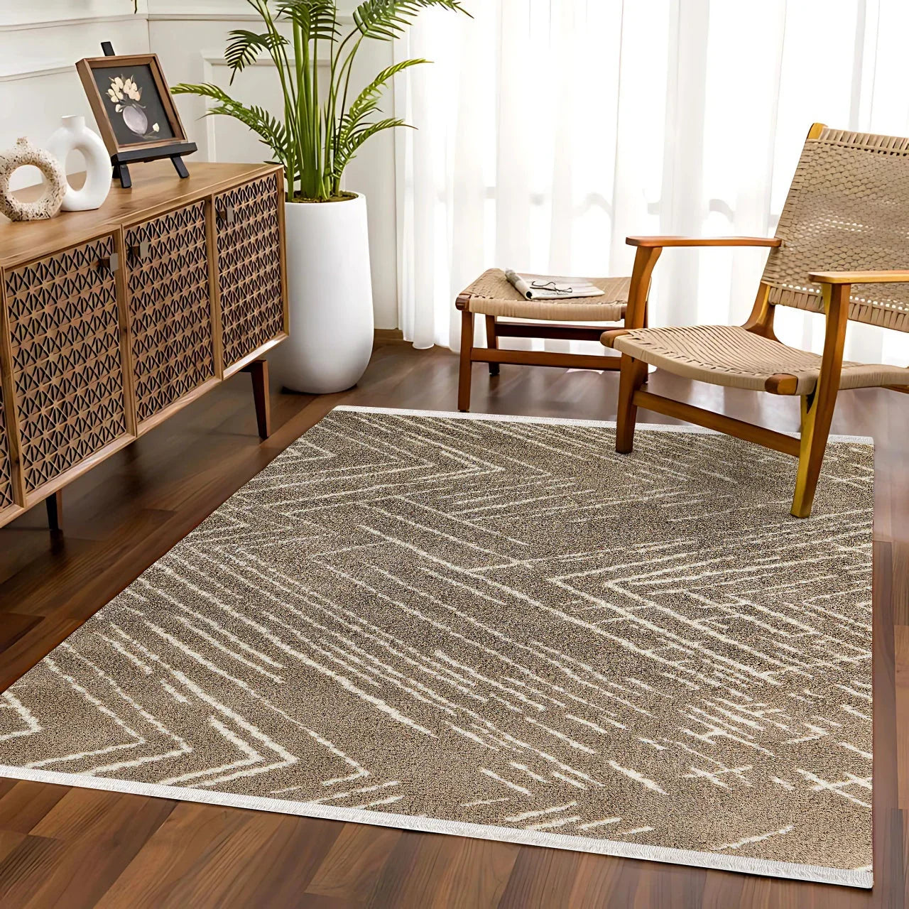 Bej Geometrik Modern Halı - Yıkanabilir - Kaymaz Taban - Pati Dostu