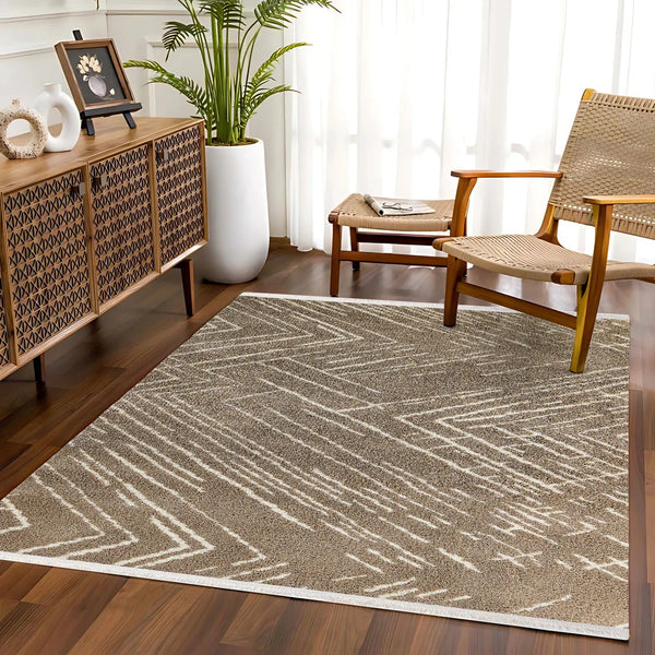 Bej Geometrik Modern Halı - Yıkanabilir - Kaymaz Taban - Pati Dostu