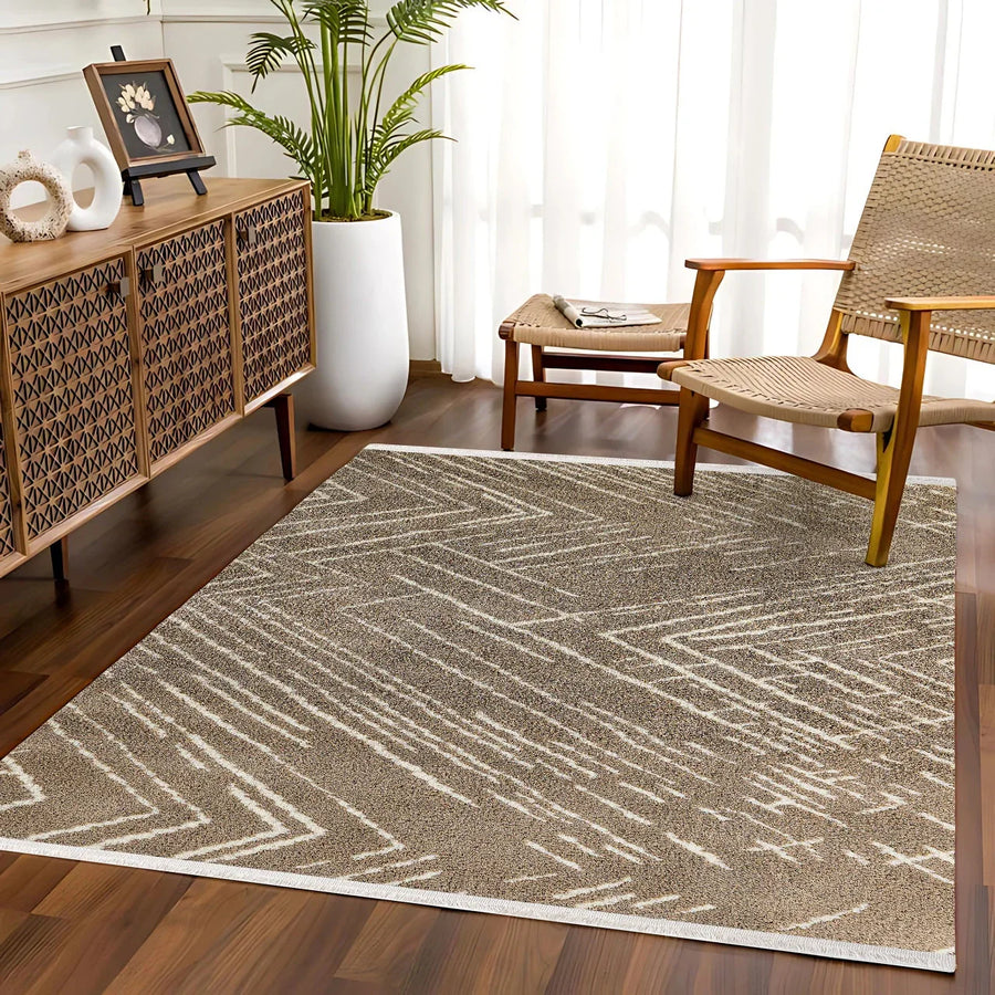 Brown and Cream Geometric Pattern Area Rug – in the living room