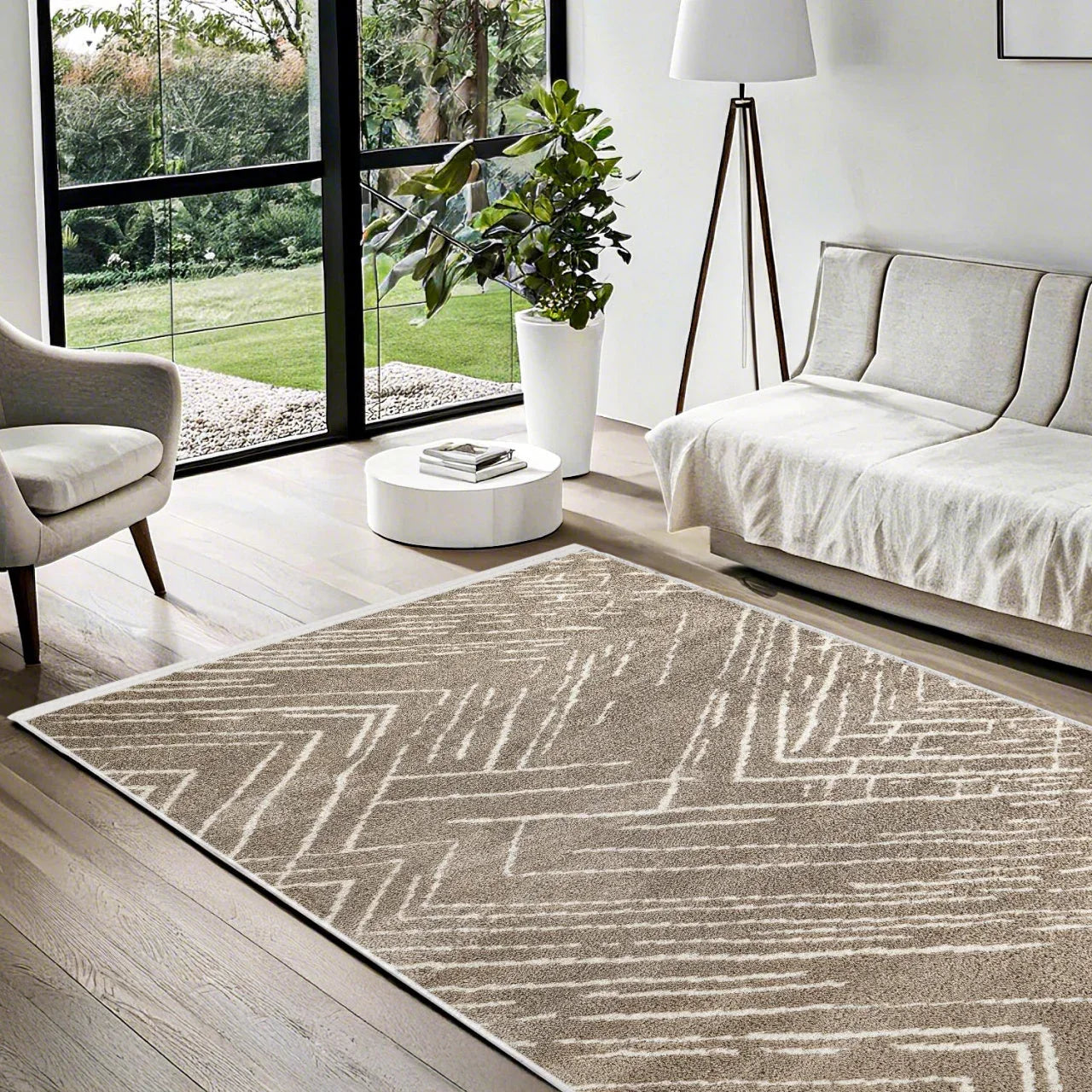 Bej Geometrik Modern Halı - Yıkanabilir - Kaymaz Taban - Pati Dostu
