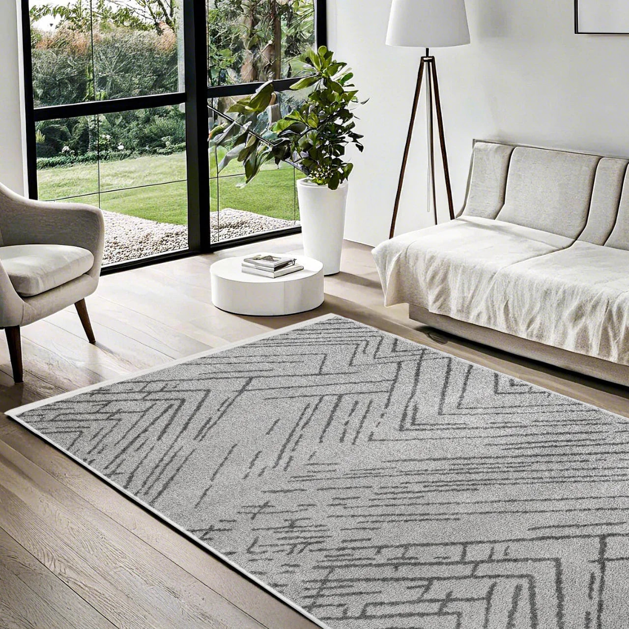 Gri Siyah Geometrik Minimalist Halı - Yıkanabilir - Kaymaz Taban - Pati Dostu