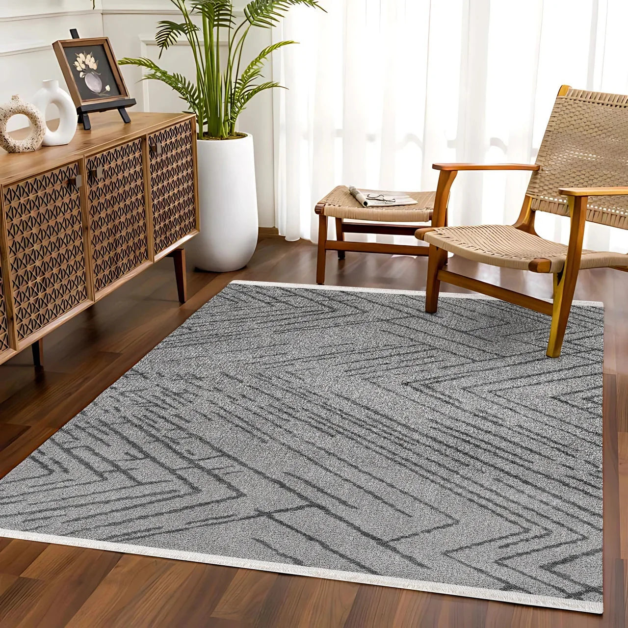 Gri Siyah Geometrik Minimalist Halı - Yıkanabilir - Kaymaz Taban - Pati Dostu