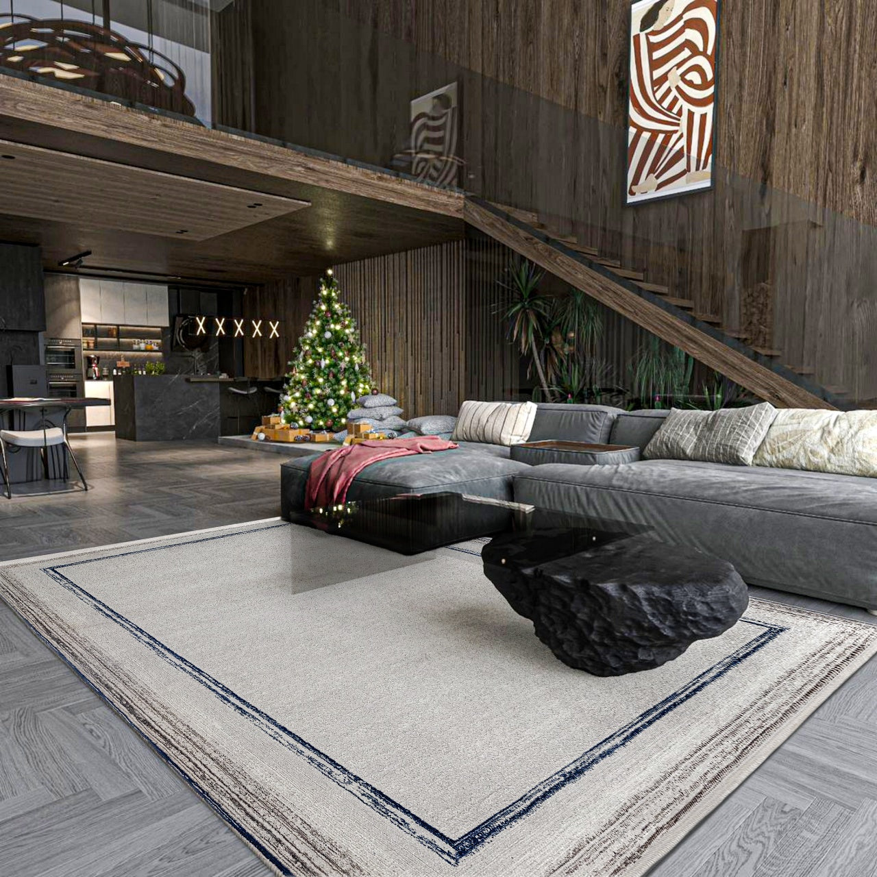 Antrasit Gri Geometrik Minimalist Halı - Yıkanabilir - Kaymaz Taban - Pati Dostu