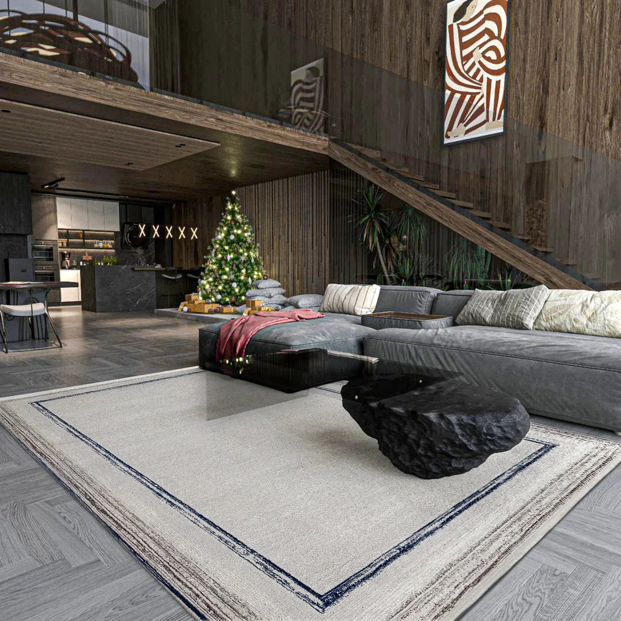 Antrasit Gri Geometrik Minimalist Halı - Yıkanabilir - Kaymaz Taban - Pati Dostu