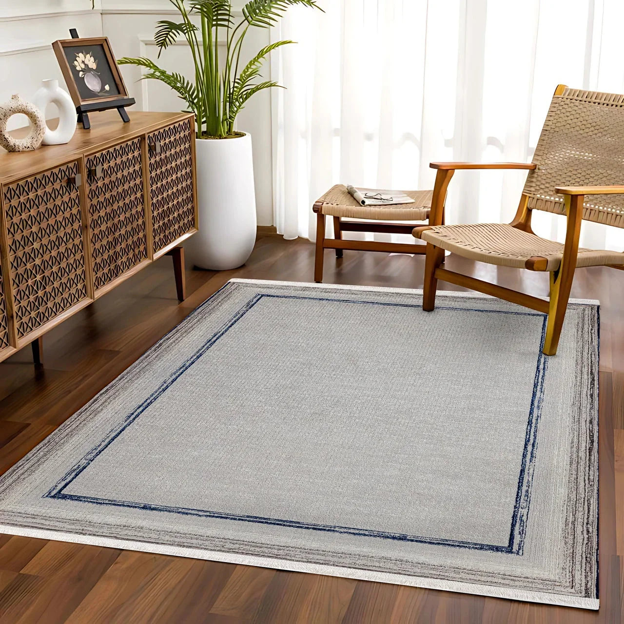Antrasit Gri Geometrik Minimalist Halı - Yıkanabilir - Kaymaz Taban - Pati Dostu