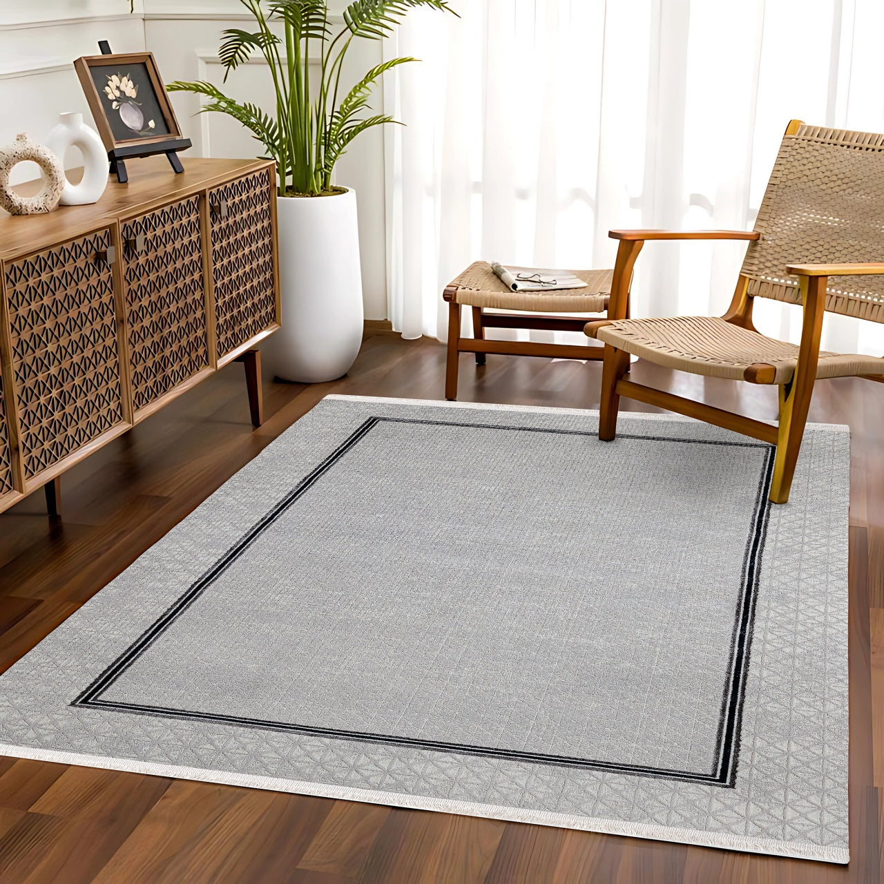 Antrasit Gri Bordürlü Minimalist Halı - Yıkanabilir - Kaymaz Taban - Pati Dostu