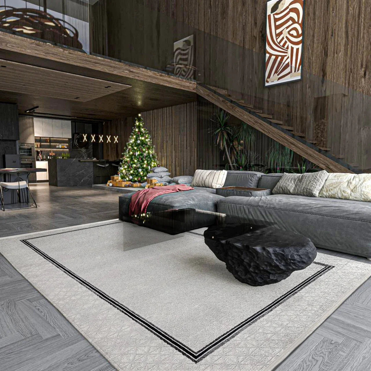 Antrasit Gri Bordürlü Minimalist Halı - Yıkanabilir - Kaymaz Taban - Pati Dostu