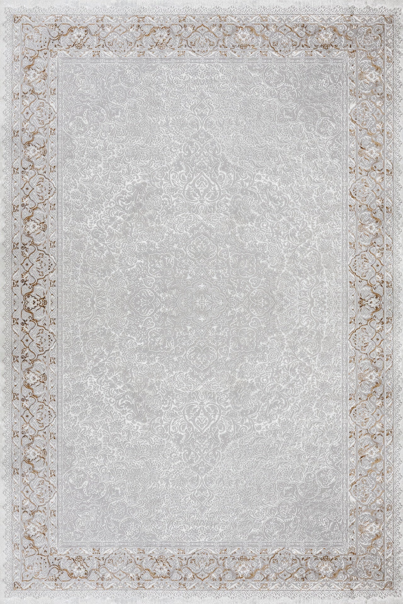 Beyaz Gri Bordürlü Eskitme Halı - Yıkanabilir - Kaymaz Taban - Pati Dostu