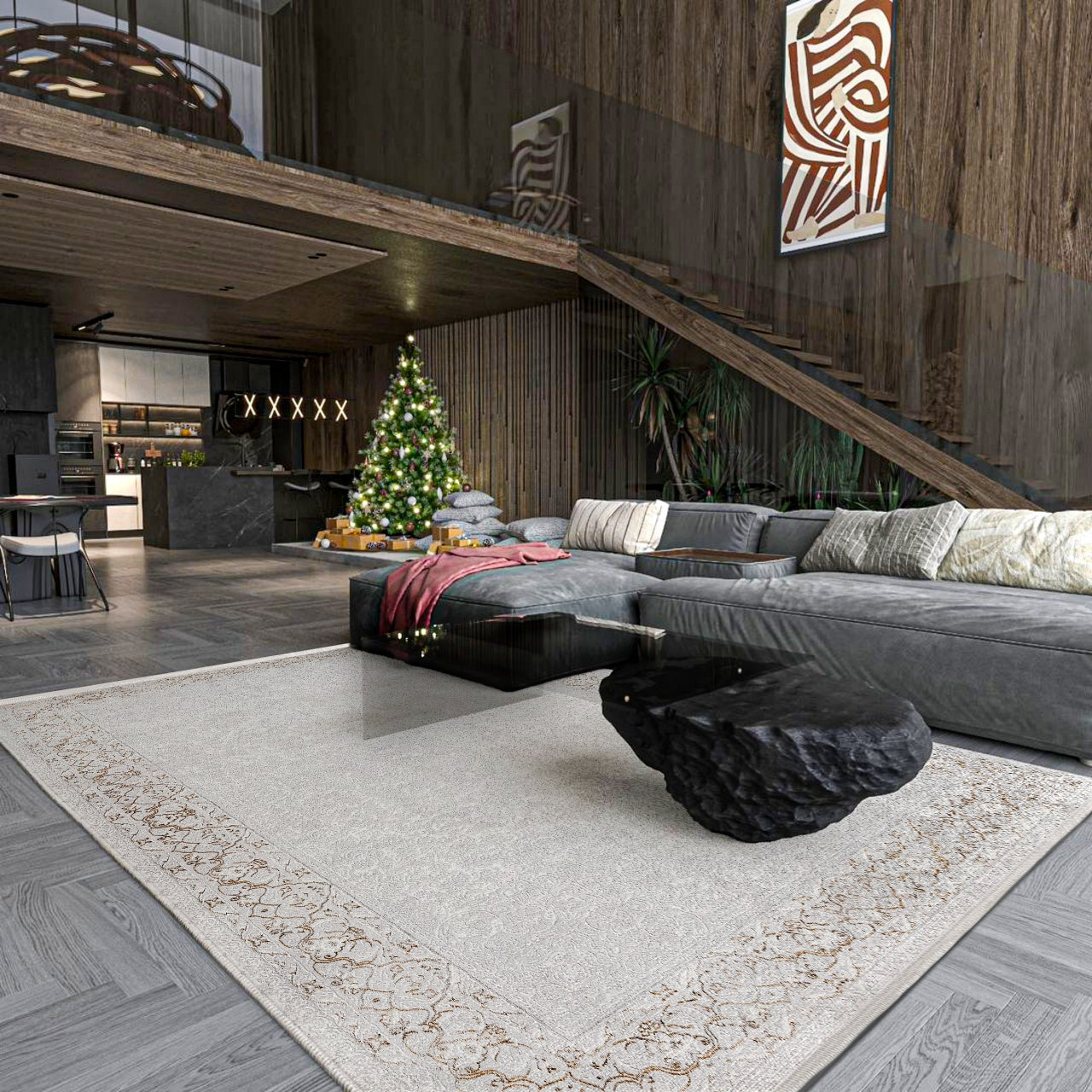 Beyaz Gri Bordürlü Eskitme Halı - Yıkanabilir - Kaymaz Taban - Pati Dostu