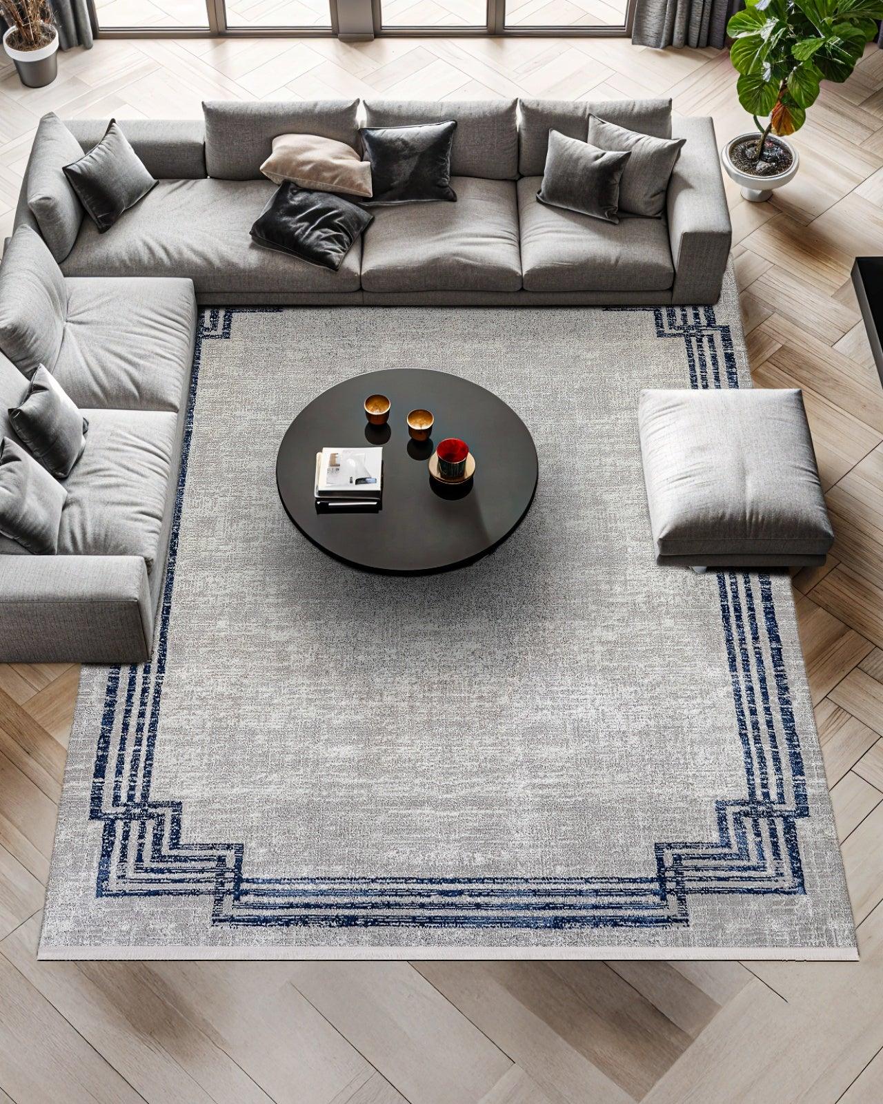 Gri Bordürlü Minimalist Halı - Yıkanabilir - Kaymaz Taban - Pati Dostu