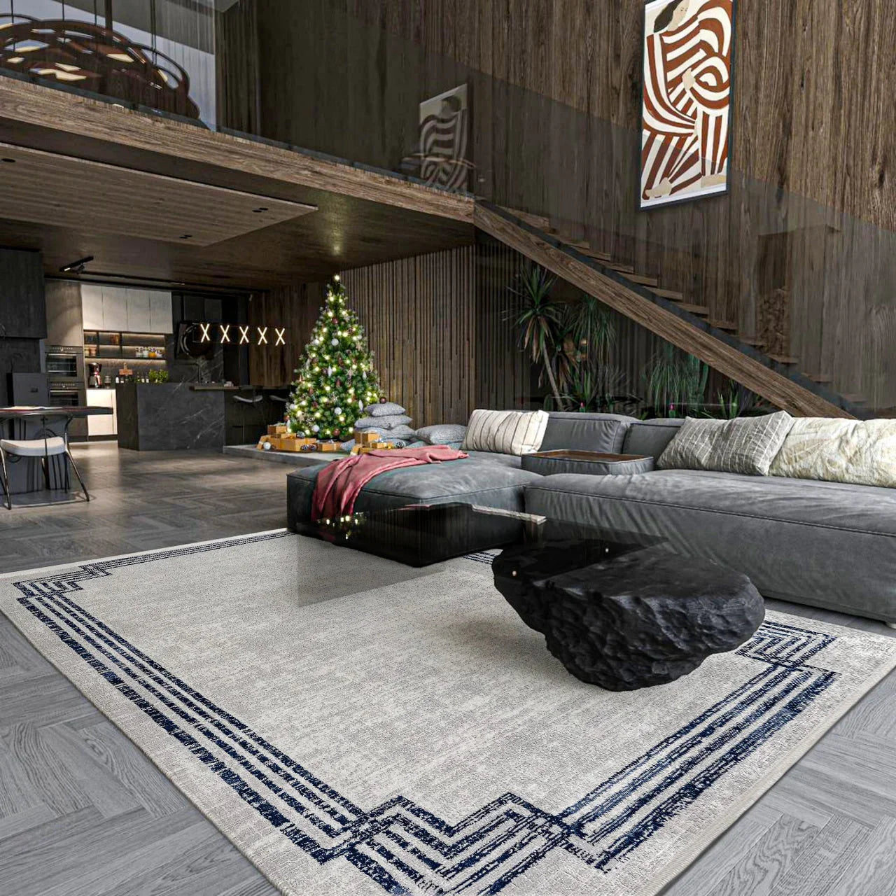 Gri Bordürlü Minimalist Halı - Yıkanabilir - Kaymaz Taban - Pati Dostu