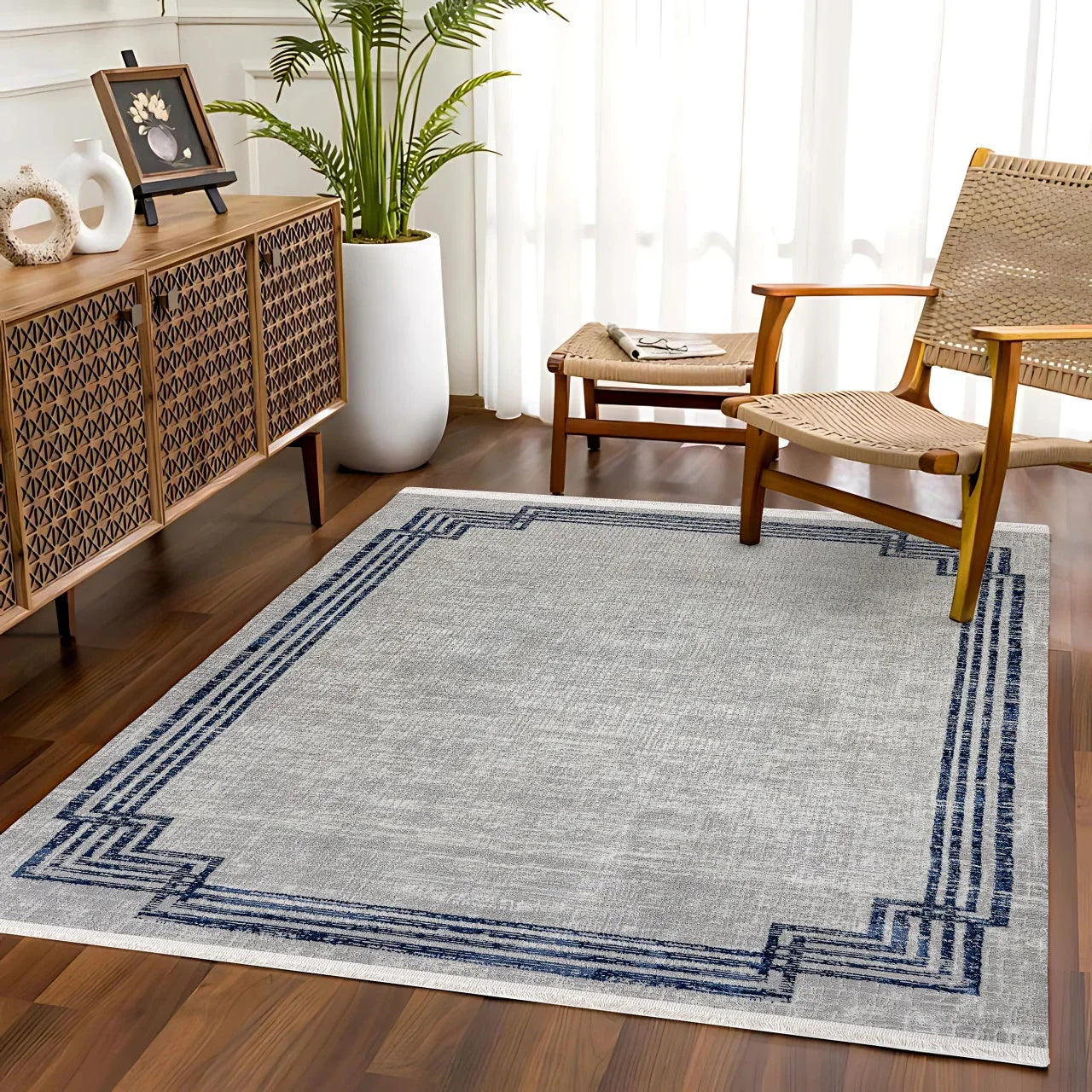 Gri Bordürlü Minimalist Halı - Yıkanabilir - Kaymaz Taban - Pati Dostu
