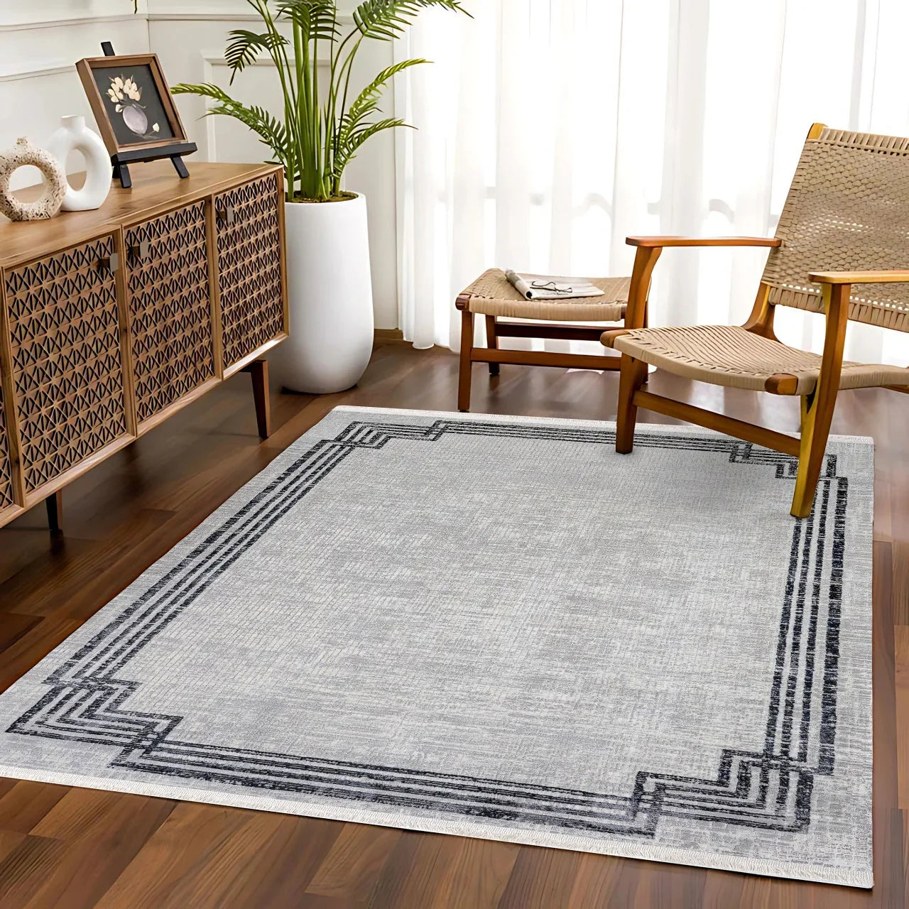 Antrasit Gri Bordürlü Minimalist Halı - Yıkanabilir - Kaymaz Taban - Pati Dostu