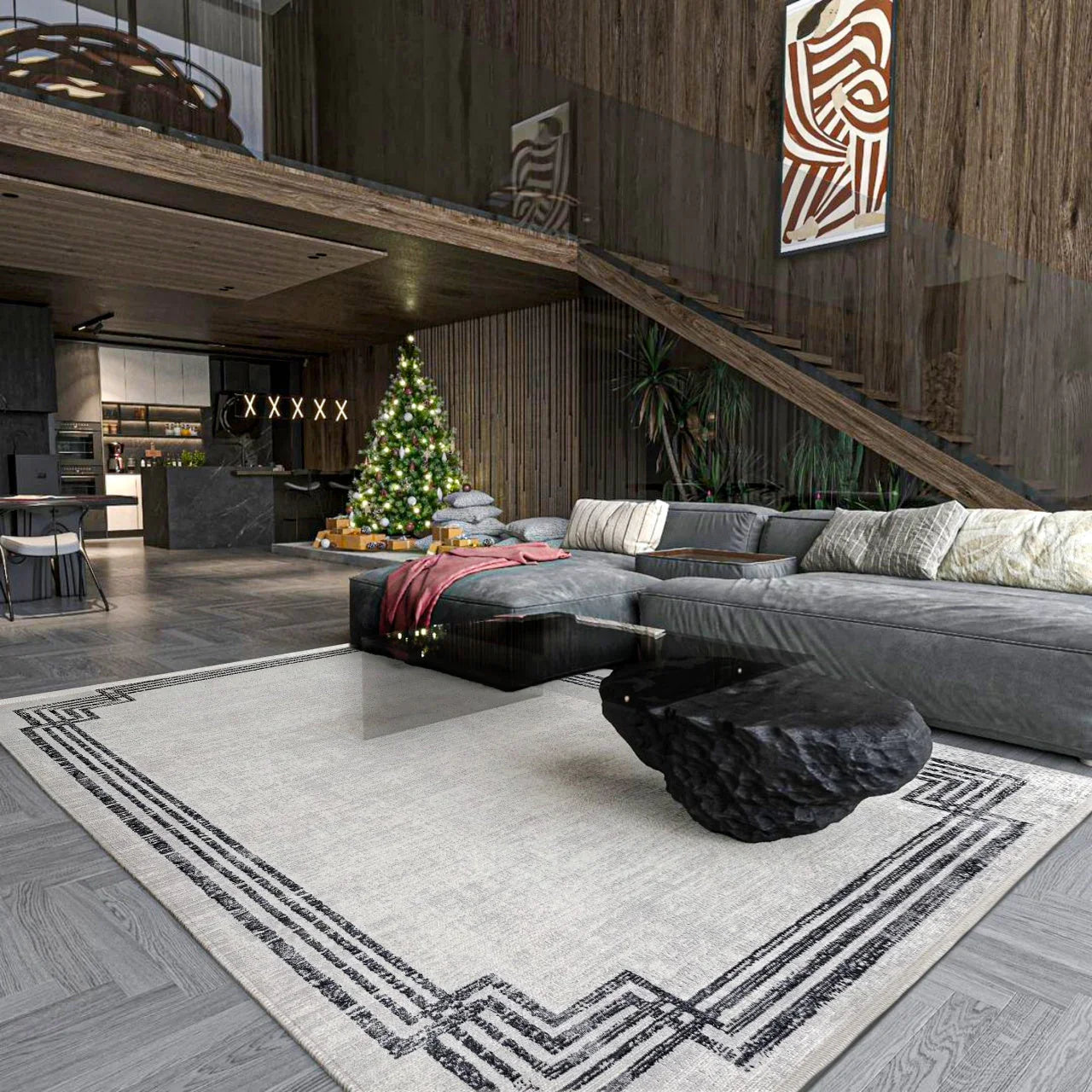 Antrasit Gri Bordürlü Minimalist Halı - Yıkanabilir - Kaymaz Taban - Pati Dostu