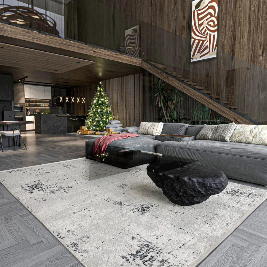 Anthracite Grey and White Abstract Area Rug – in the living room