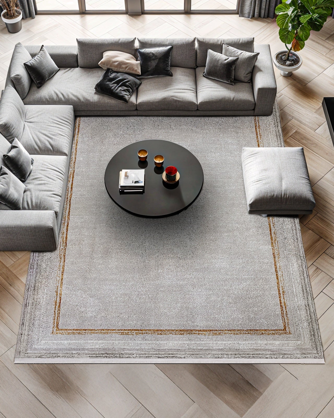 Gold Gri Bordürlü Minimalist Halı - Yıkanabilir - Kaymaz Taban - Pati Dostu