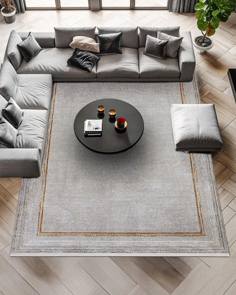Grey and Brown Bordered Area Rug – in the living room