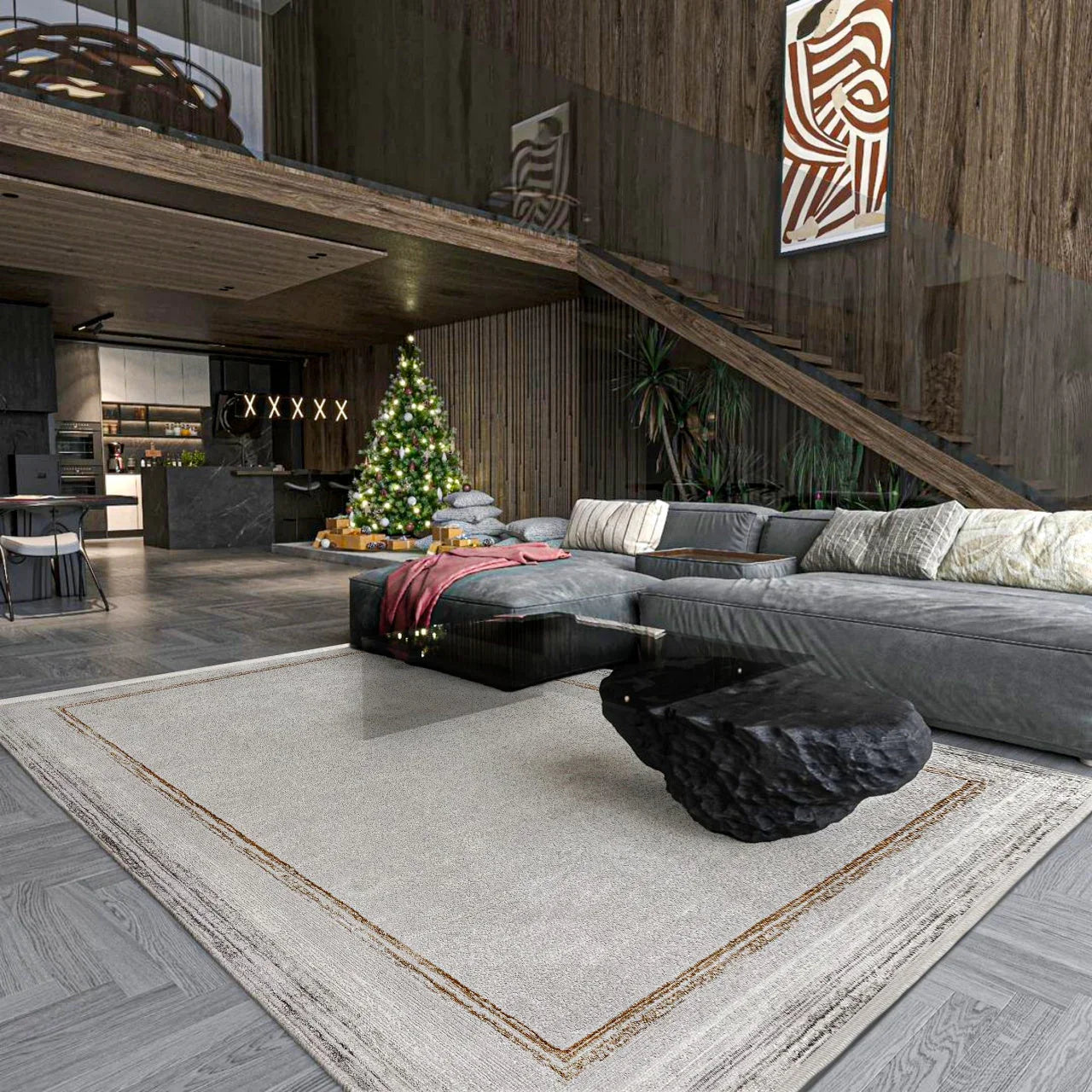 Gold Gri Bordürlü Minimalist Halı - Yıkanabilir - Kaymaz Taban - Pati Dostu