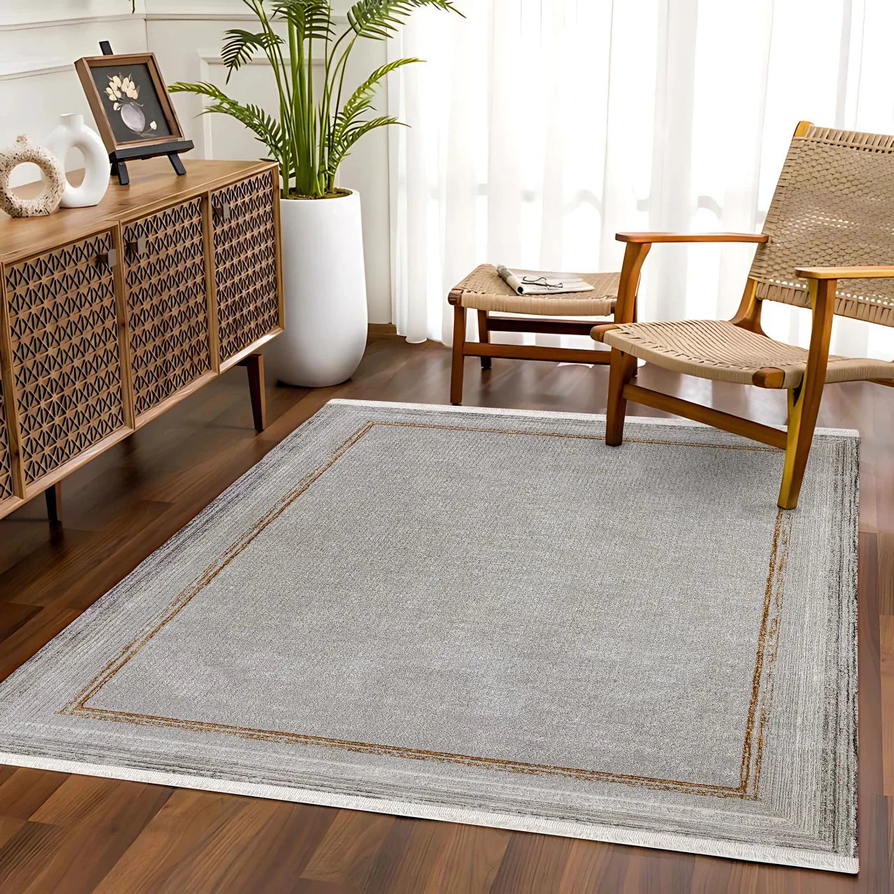 Gold Gri Bordürlü Minimalist Halı - Yıkanabilir - Kaymaz Taban - Pati Dostu