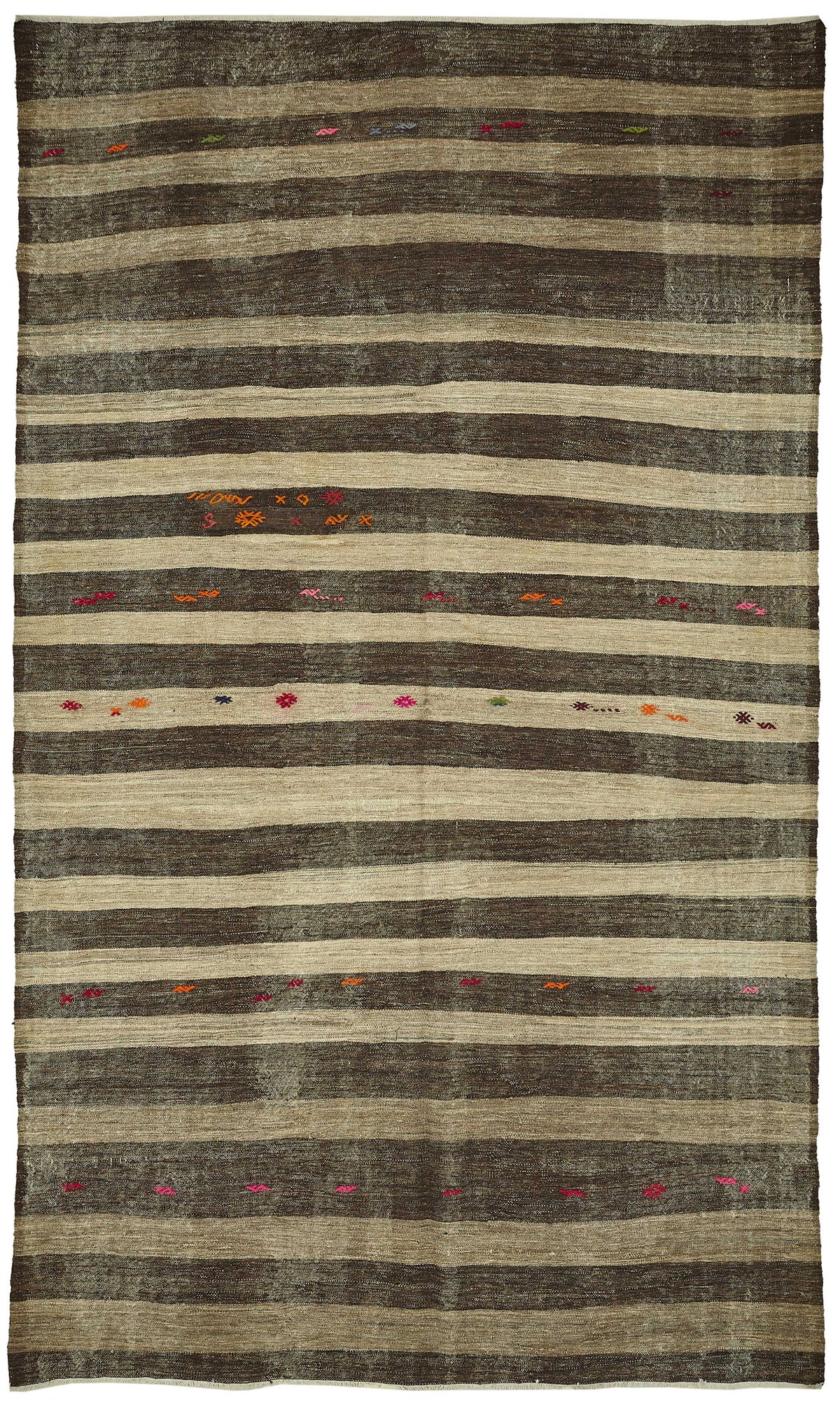 Truvo Kıl Kilim Kahverengi Bej Çizgili El Dokuma Halı 216x370 cm
