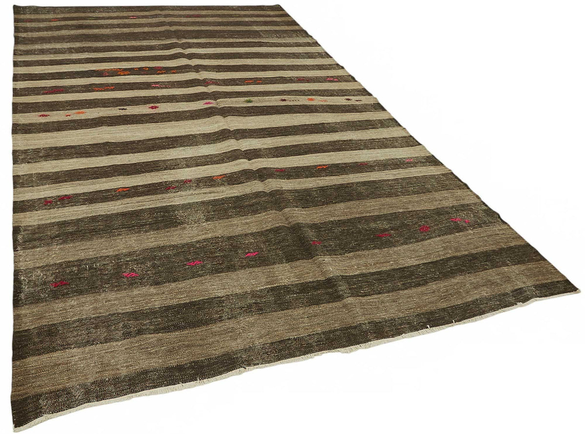 Truvo Kıl Kilim Kahverengi Bej Çizgili El Dokuma Halı 216x370 cm – genel görünüm