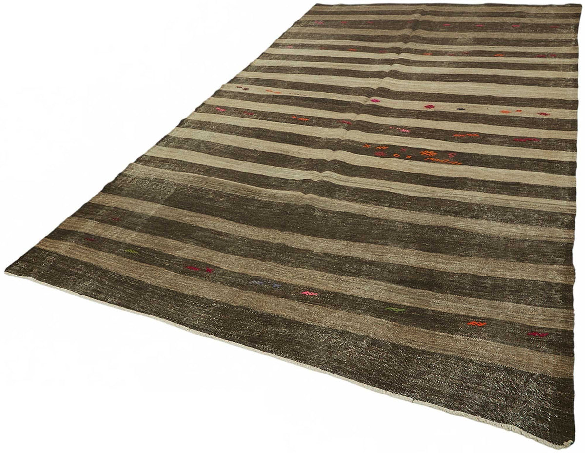 Truvo Kıl Kilim Kahverengi Bej Çizgili El Dokuma Halı 216x370 cm – doku yakın çekim