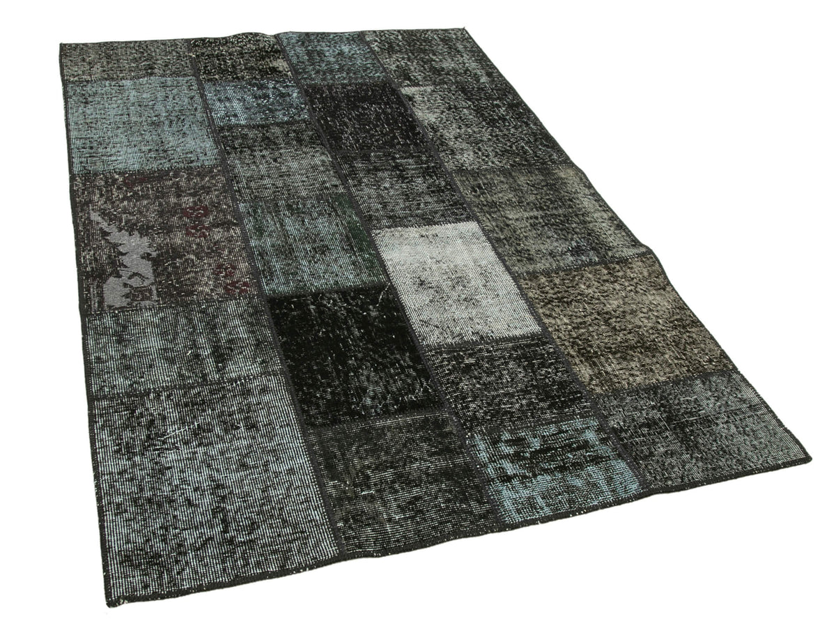 Vantel Gri Eskitme Geometrik Desenli Yün Patchwork Halı 134x202 cm – genel görünüm