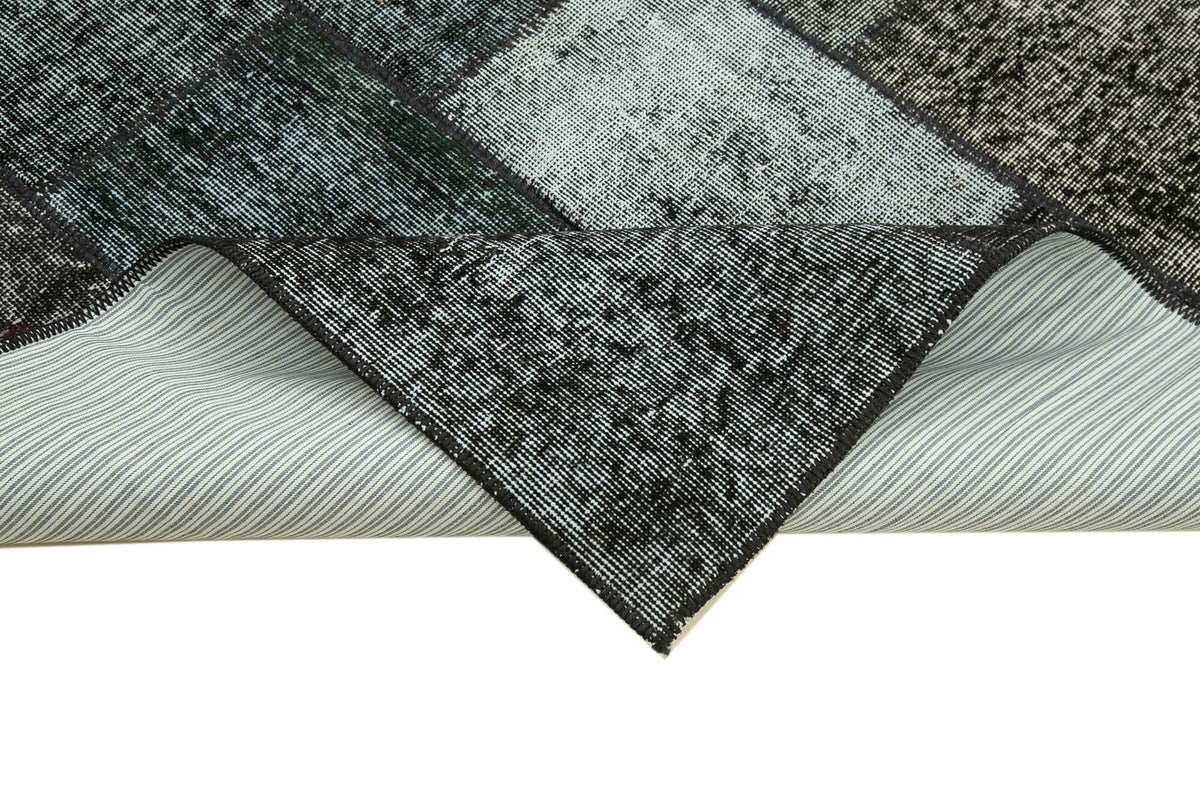 Vantel Gri Eskitme Geometrik Desenli Yün Patchwork Halı 134x202 cm – kenar detayı