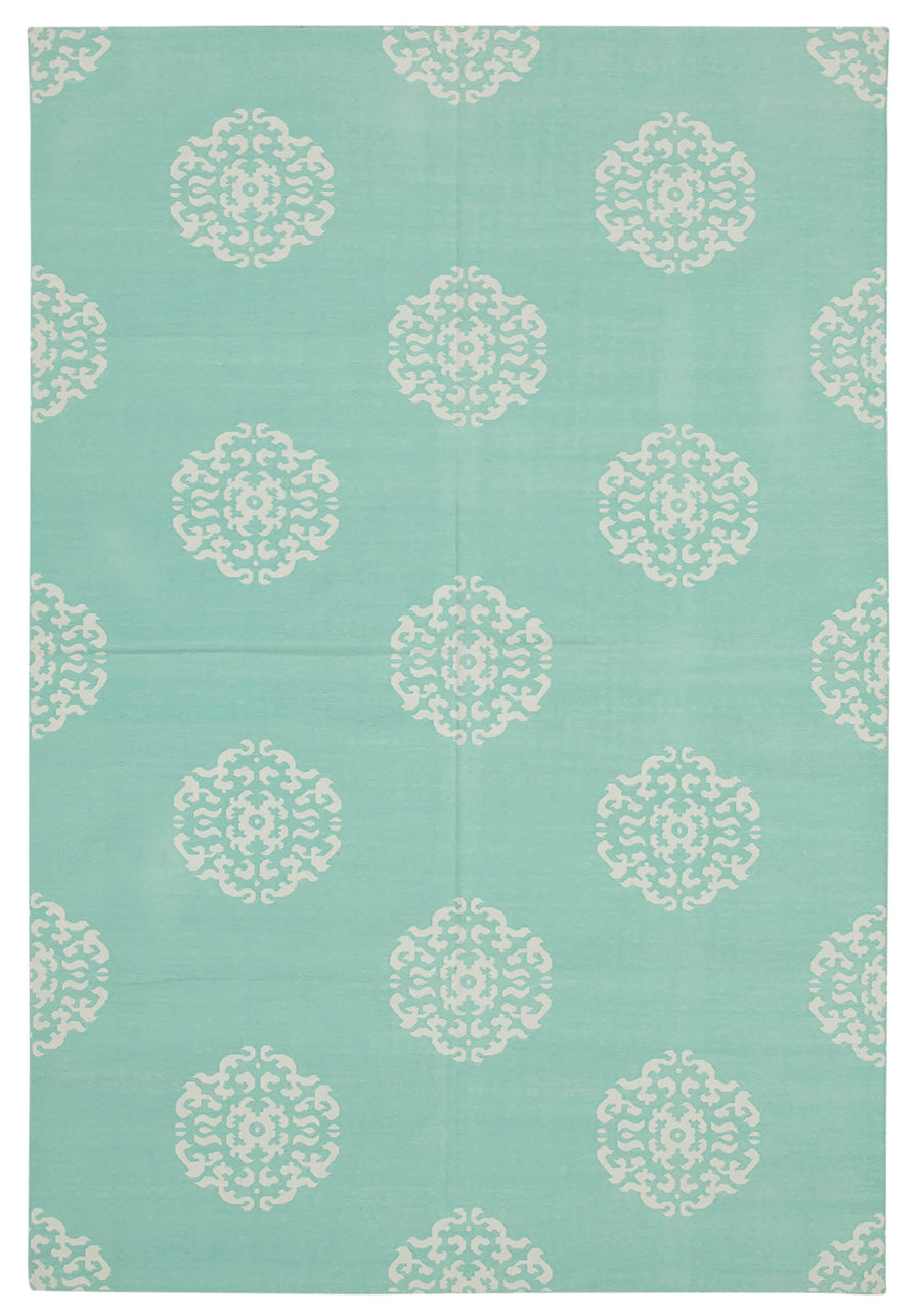 Navamo Turkuaz Beyaz Geometrik Desenli Duri El Dokuma Kilim 183x273 cm