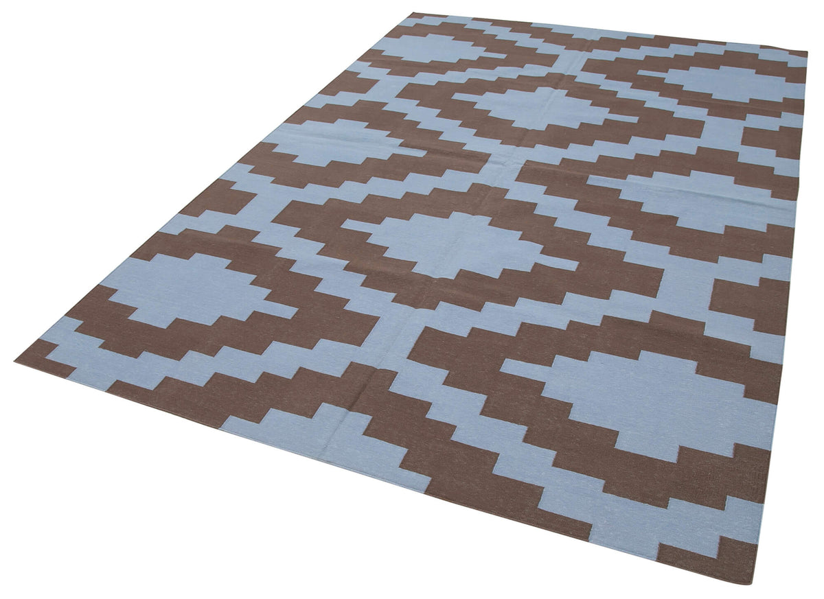 Navamo Mavi Kahverengi Geometrik Modern Duri El Dokuma Kilim 185x275 cm – doku yakın çekim