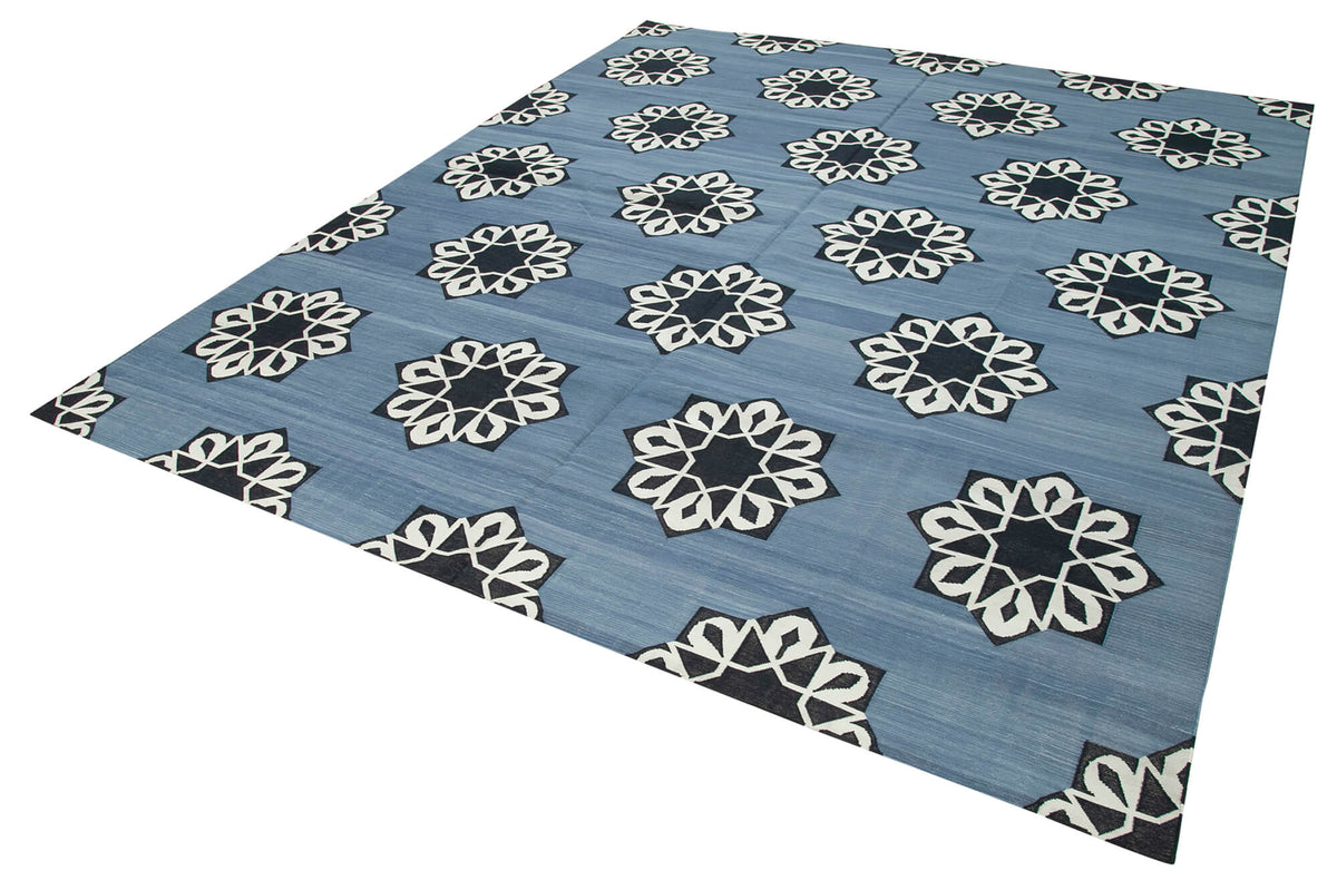 Navamo Duri Kilim Mavi Geometrik Desenli Dokuma Modern Kilim 247x297 cm – doku yakın çekim