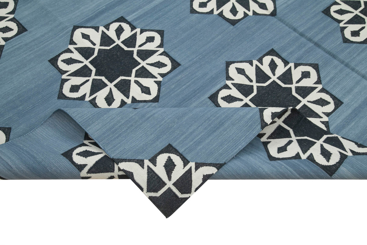 Navamo Duri Kilim Mavi Geometrik Desenli Dokuma Modern Kilim 247x297 cm – kenar detayı