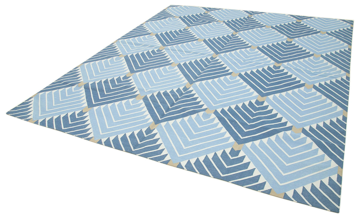 Navamo Mavi Beyaz Geometrik Desenli Duri Kilim 246x300 cm – doku yakın çekim