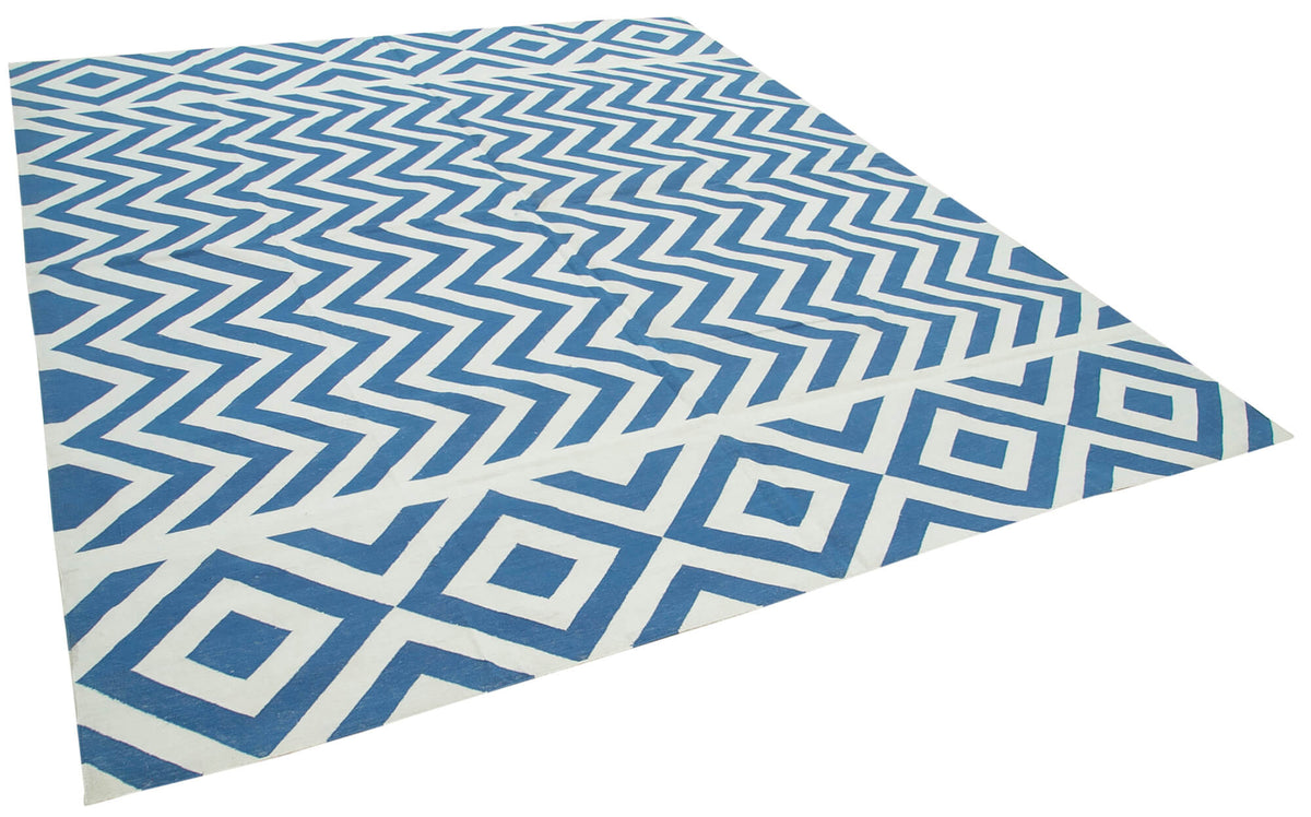 Navamo Mavi Beyaz Geometrik Desenli Pamuk El Dokuma Duri Kilim 250x300 cm – genel görünüm