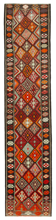 Zolvo Kahverengi Geometrik Desenli Yün Herki Yolluk Halı, 90x417 cm