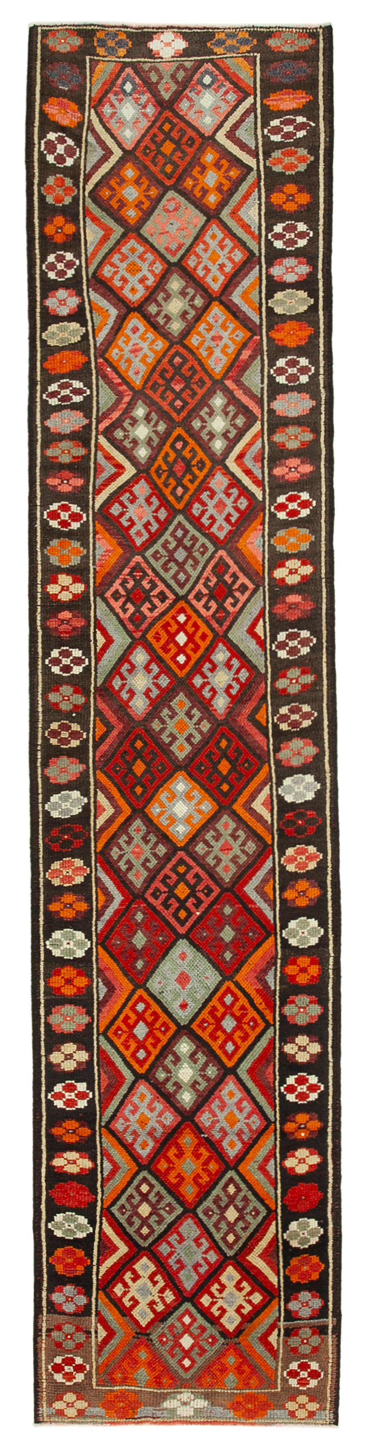 Zolvo Kahverengi Geometrik Desenli Yün Herki Yolluk Halı, 90x417 cm