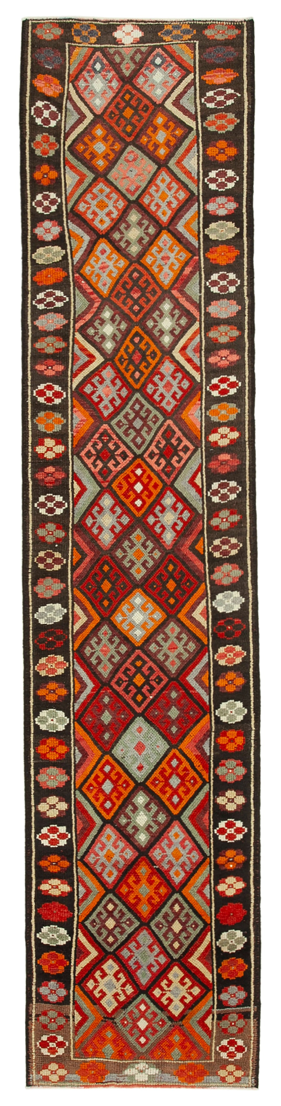 Zolvo Kahverengi Geometrik Desenli Yün Herki Yolluk Halı, 90x417 cm