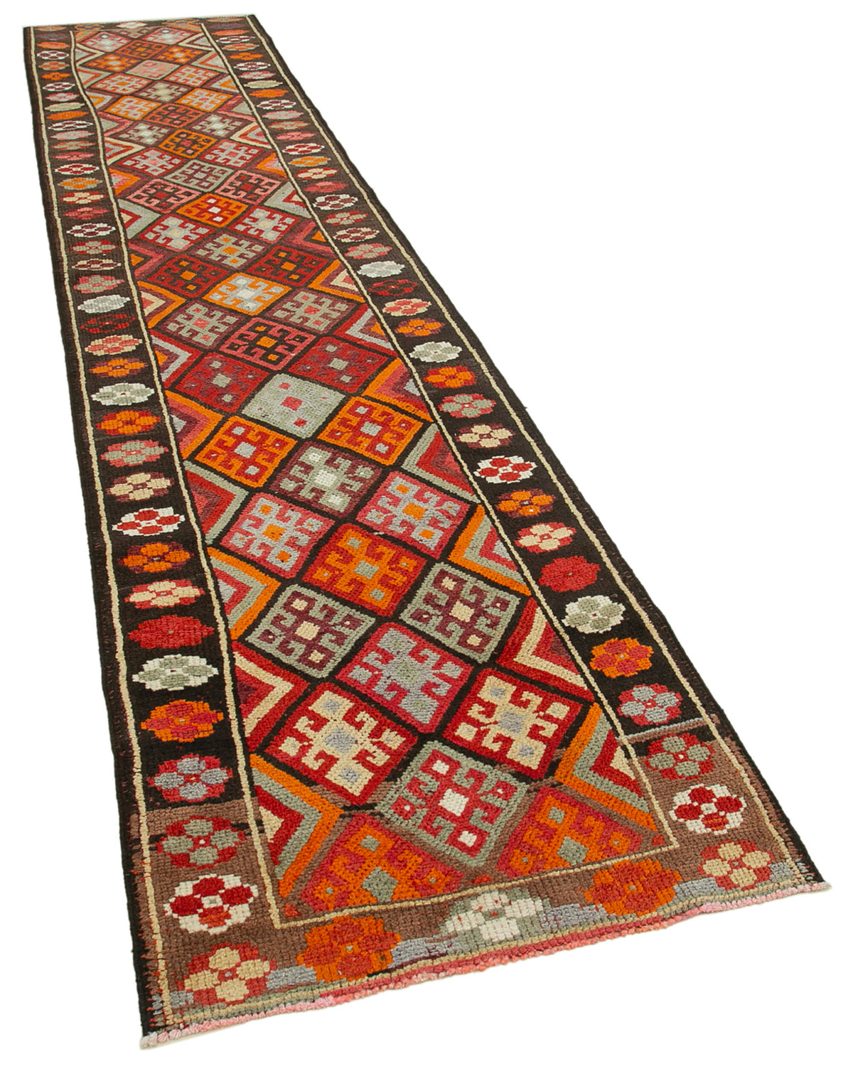 Zolvo Kahverengi Geometrik Desenli Yün Herki Yolluk Halı, 90x417 cm – genel görünüm
