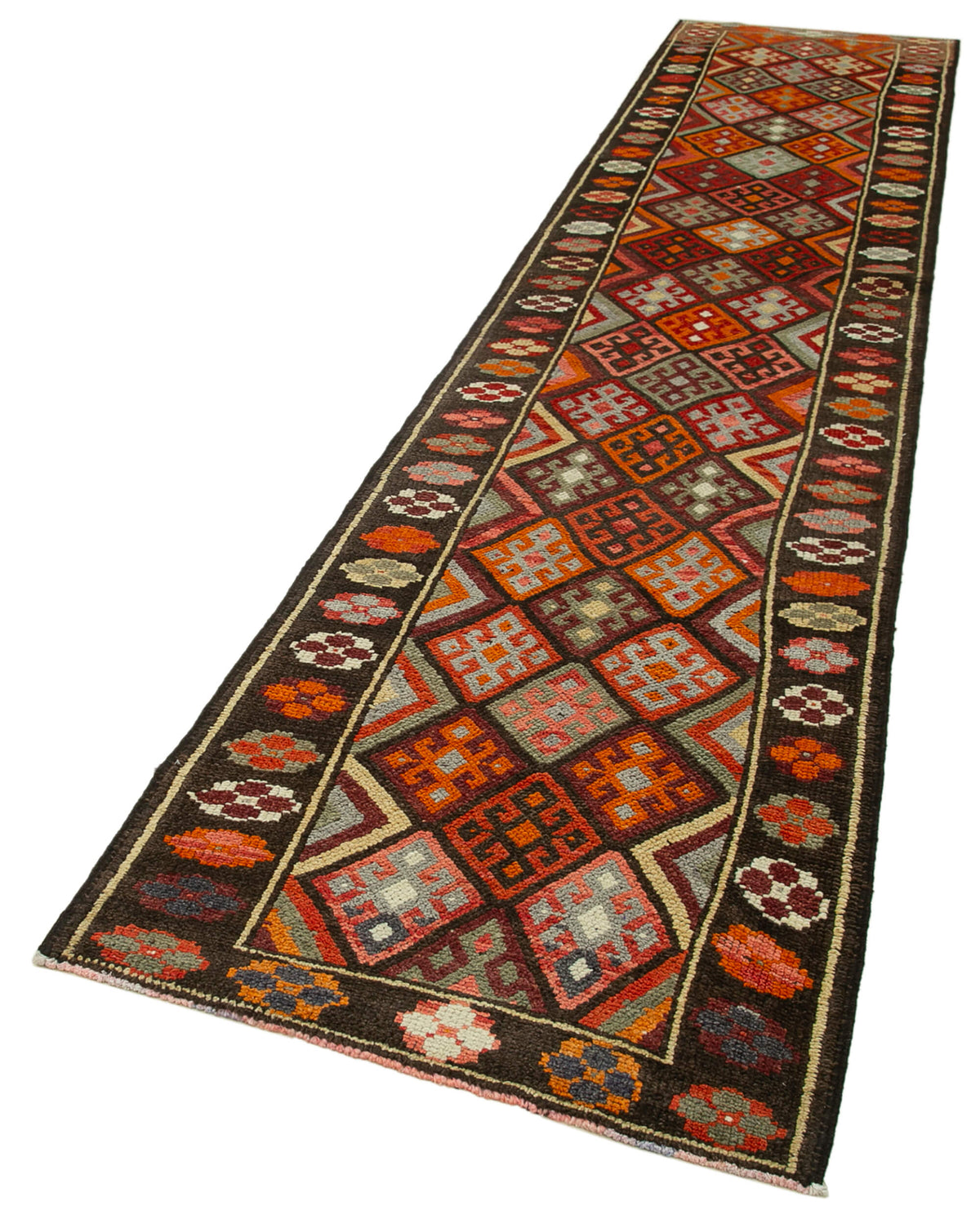 Zolvo Kahverengi Geometrik Desenli Yün Herki Yolluk Halı, 90x417 cm – doku yakın çekim