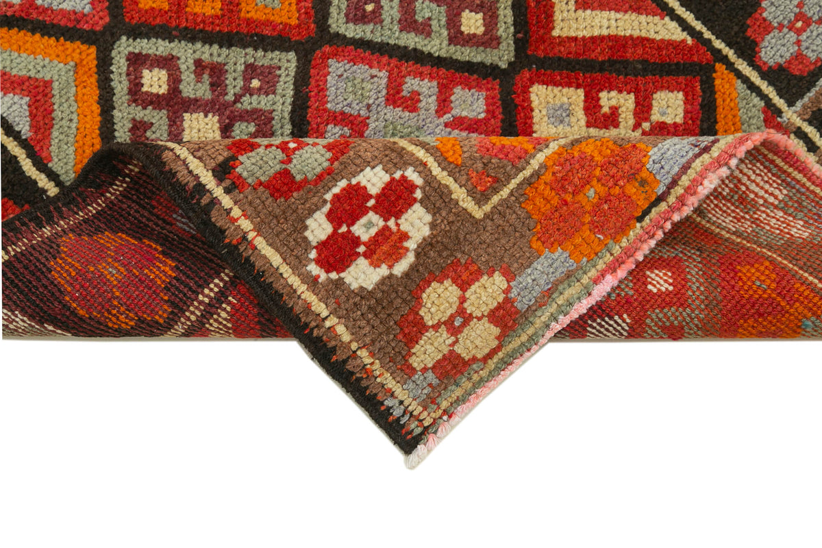 Zolvo Kahverengi Geometrik Desenli Yün Herki Yolluk Halı, 90x417 cm – kenar detayı