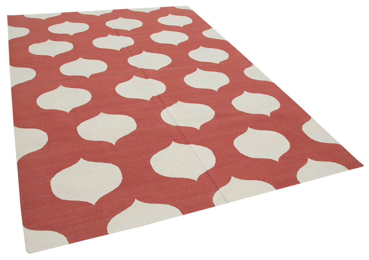 Navamo Beyaz Modern Halı: Kırmızı Geometrik Desenli Duri Kilim 190x272 cm – genel görünüm