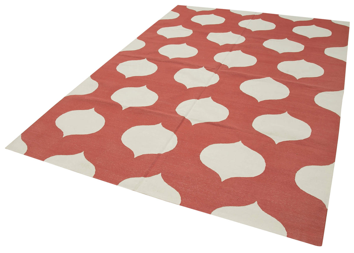 Navamo Beyaz Modern Halı: Kırmızı Geometrik Desenli Duri Kilim 190x272 cm – doku yakın çekim