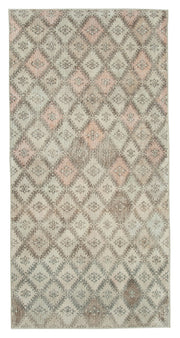 Bevra Checkered Beige Pink Geometric Pattern Vintage Hand-Woven Rug 137x267 cm