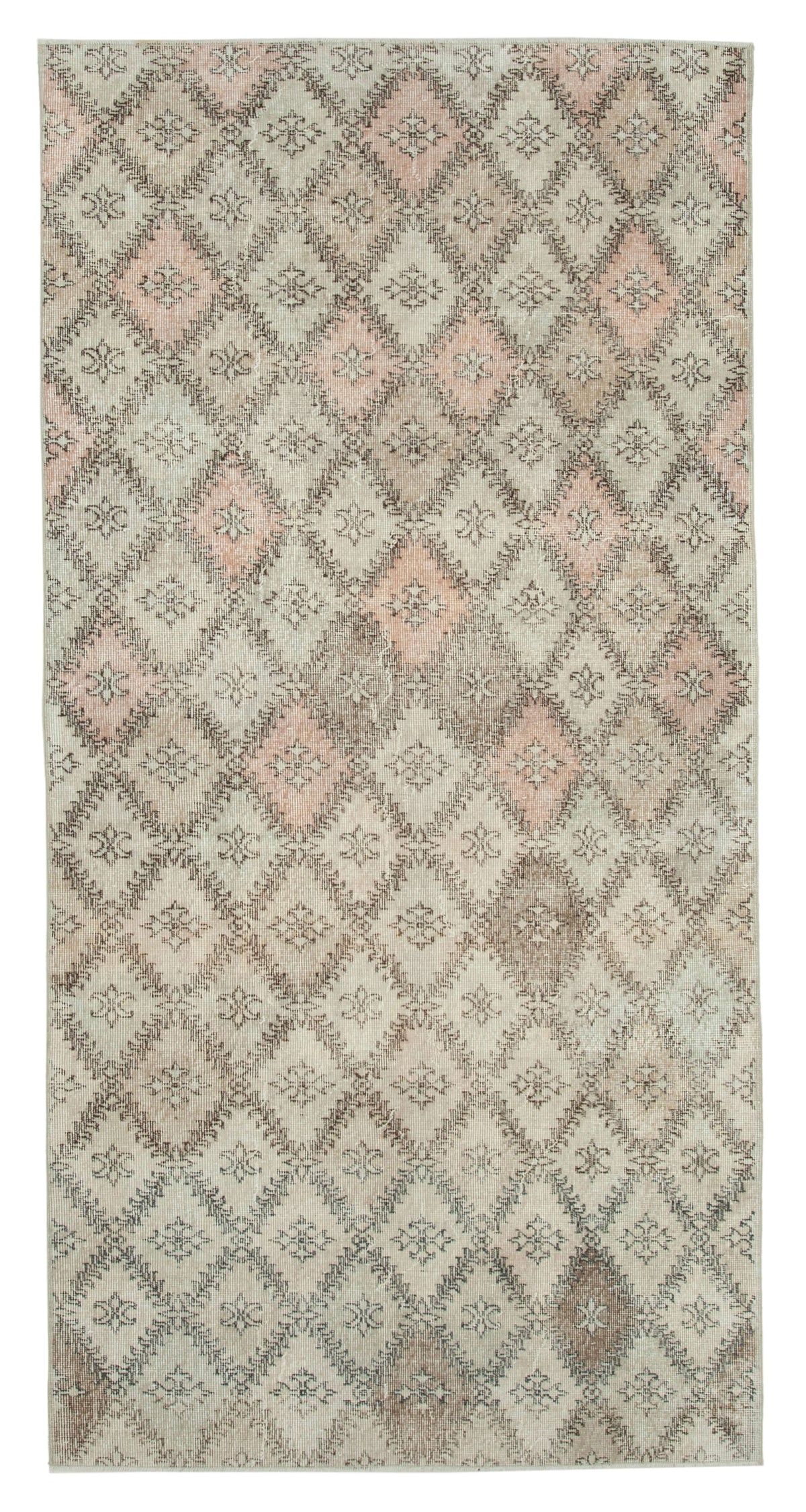 Bevra Checkered Beige Pink Geometric Pattern Vintage Hand-Woven Rug 137x267 cm