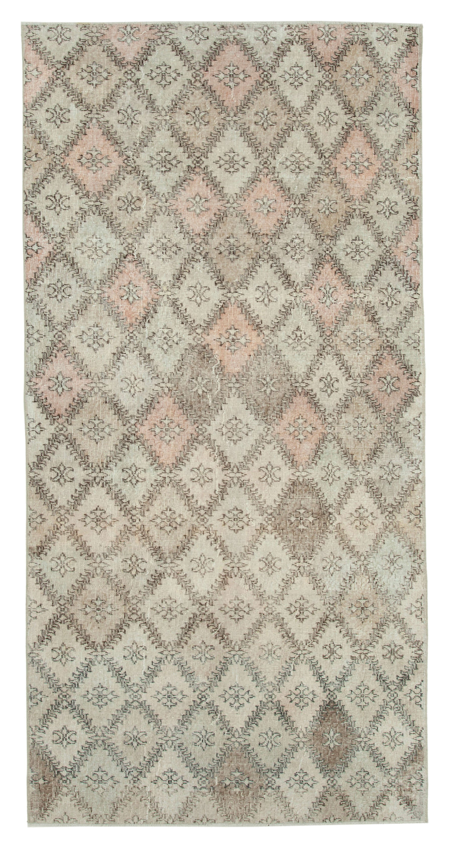 Bevra Damalı Bej Pembe Geometrik Desenli Vintage El Dokuma Halı 137x267 cm