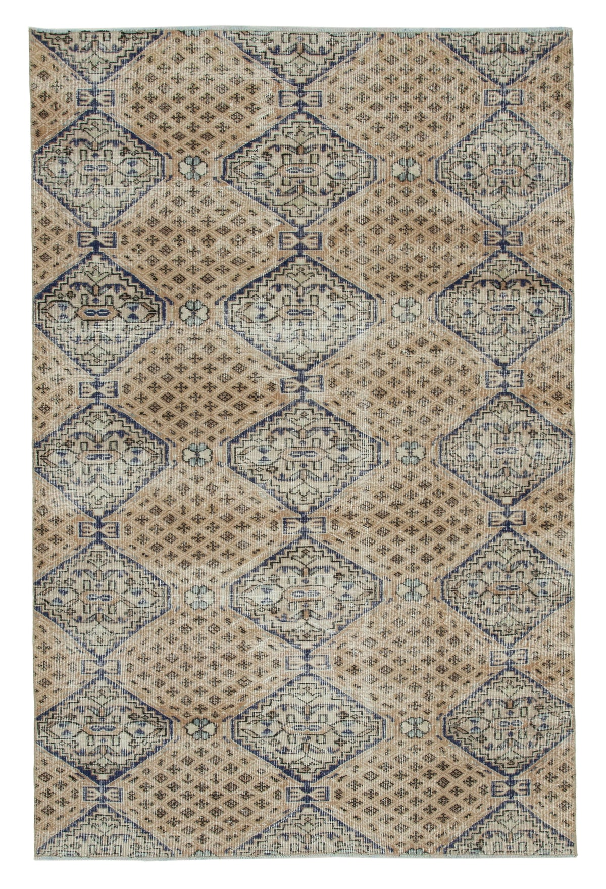 Bevra Bej Lacivert Geometrik Desenli Damalı El Dokuma Halı 160x245 cm