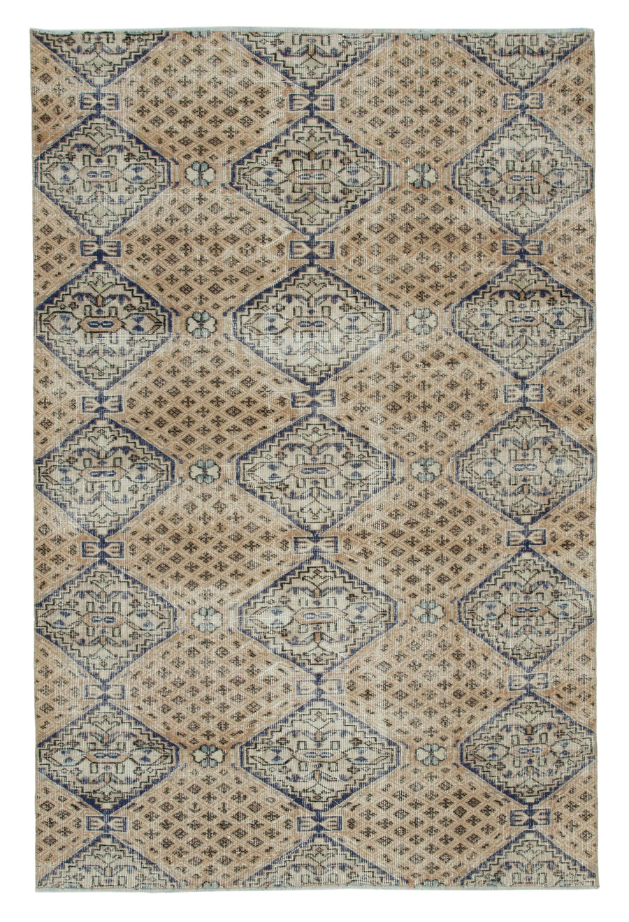 Bevra Bej Lacivert Geometrik Desenli Damalı El Dokuma Halı 160x245 cm
