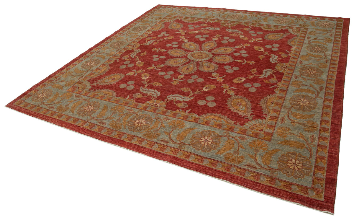 Vamave Kırmızı Gri Madalyon Desenli Uşak El Dokuma Halı 274x279 cm – doku yakın çekim