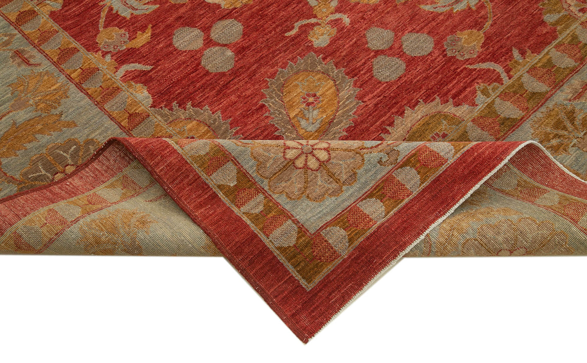 Vamave Kırmızı Gri Madalyon Desenli Uşak El Dokuma Halı 274x279 cm – kenar detayı